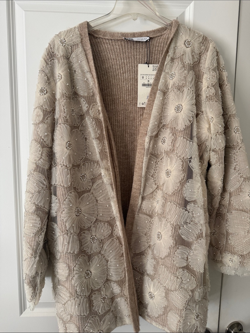 Zara Floral Beaded Open Cardigan - Cream/Beige